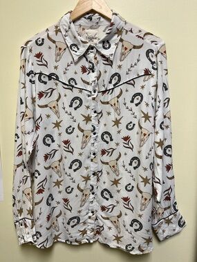 Cotton & rye Cowgirl Print Button-Up Blouse in Ivory with Brown & Black Accents